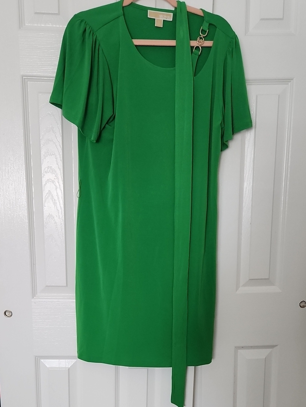 MICHAEL Michael Kors Bright Green Midi Dress with Tie Neck